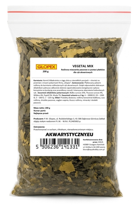 Glopex Vegetal-Mix 200 g – roślinny pokarm płatkowany dla ryb akwariowych