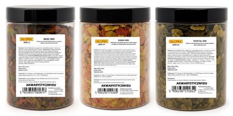 Zestaw 3 pokarmów płatkowanych Glopex 3×1000 ml (Vegetal, Basic, Eigelb)