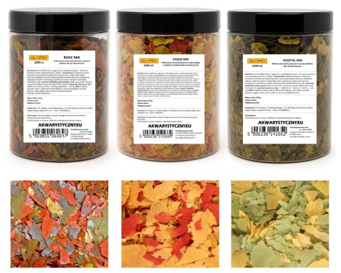 Zestaw 3 pokarmów płatkowanych Glopex 3×1000 ml (Vegetal, Basic, Eigelb)