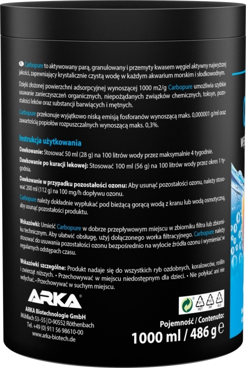 Arka Carbopure 1000 ml / 486 g – aktywny węgiel filtracyjny do akwarium