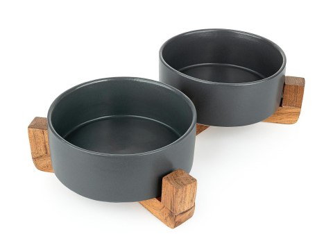 Loftowe miski ceramiczne 2x800ml na drewnianym stojaku