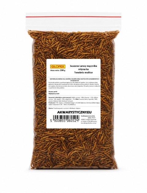 Suszone larwy mącznika 200g – dla ryb, gadów, ptaków (Tenebrio molitor)